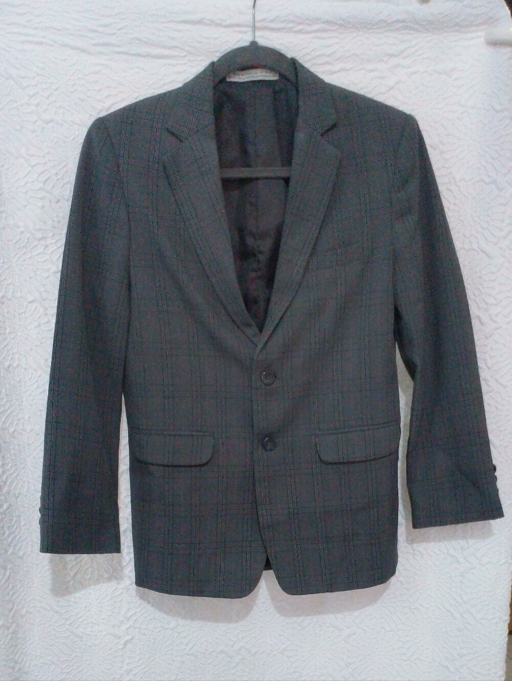 Perry Ellis Charcoal Gray Plaid Blazer Jacket Two Button Slim Fit